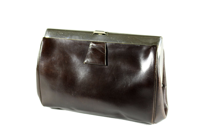 Art deco brown leather frame clutch