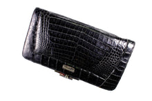 Black crocodile skin frame clutch