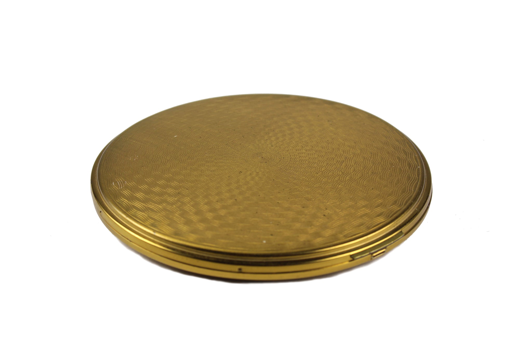 Vintage Round Compact Mirror Powder Case Etched Brass, Clasp Works Well