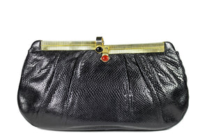 JUDITH LEIBER black snakeskin handbag with jewel clasp