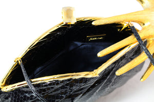 JUDITH LEIBER black snake skin pleated handbag