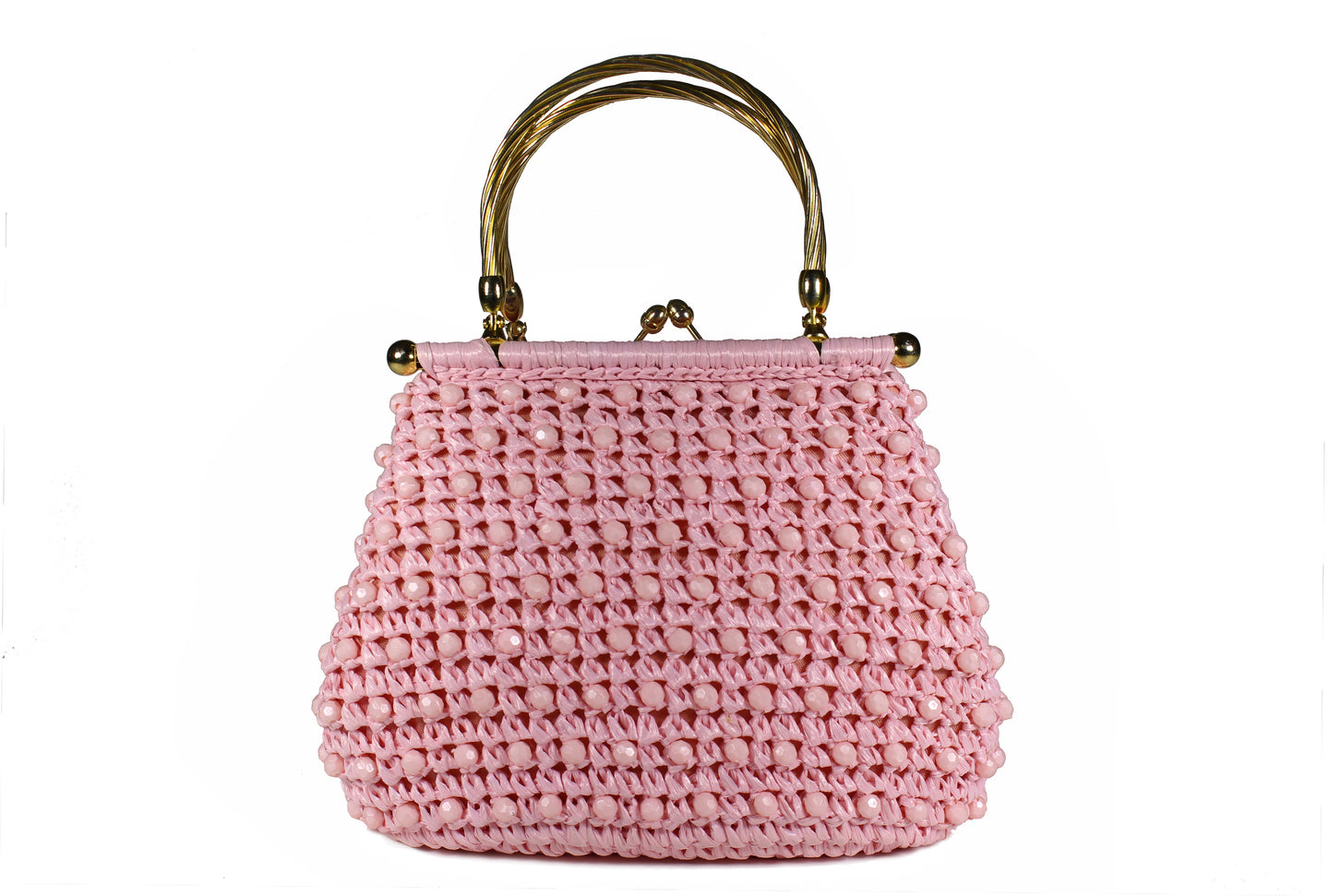 Pink raffia and beads handbag