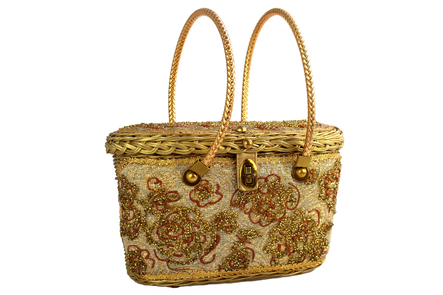 MIDAS OF MIAMI golden wicker handbag with gold beads