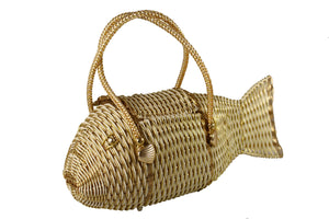 White and gold plastic wicker fish purse bag