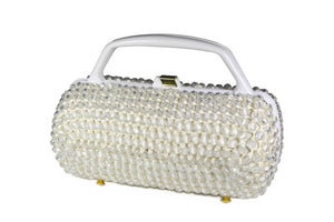 Cylindrical white beaded raffia handbag with clear beads