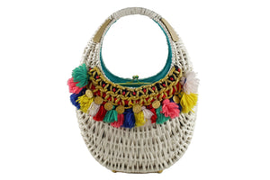 KORET white wicker purse handbag with multicolor wool tassels