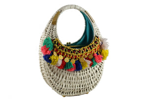 KORET white wicker purse handbag with multicolor wool tassels