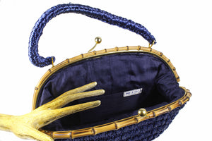 Blue raffia bamboo frame handbag